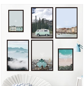 Set of 6 modern minimalist wall art prints with black frames and nature landscape scenes