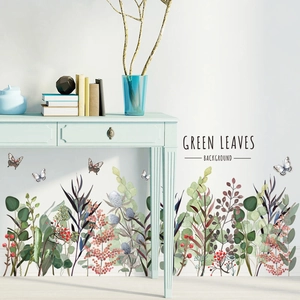Watercolour green leaves and red berries wall sticker set for modern home wall decoration