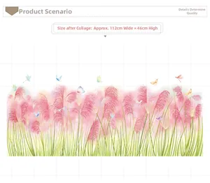 Detail view showing watercolor pink reed and butterfly wall decal measuring 112x46cm