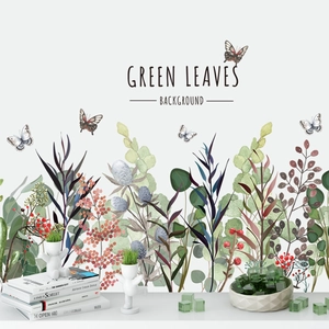 Modern watercolor green leaves and butterfly wall stickers for home decoration