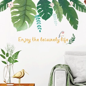 Stickers muraux feuilles tropicales et oiseaux avec citation Enjoy the leisurely life