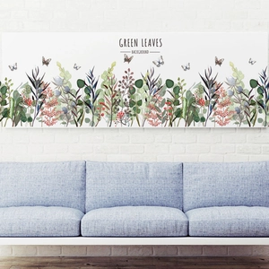 Pastel green leaf wall decals with butterflies for a modern living room background décor