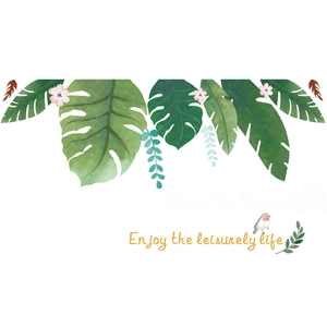 Stickers muraux feuilles tropicales avec oiseau coloré et texte Enjoy leisurely life