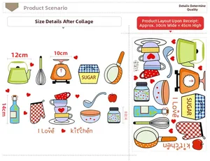 Macro layout of cartoon kitchen wall stickers featuring scales and cooking tools