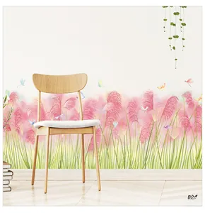 Watercolour pink reed grass wall stickers with butterflies for home decoration