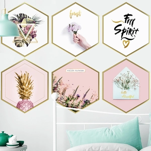 Pink Nordic hexagon wall stickers set with tropical bird and botanical art for bedroom decor
