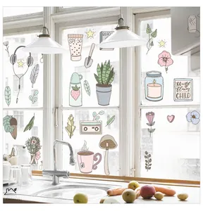 Détails d'autocollants de fenêtre de cuisine style Mori avec motifs café et fleurs dessinés