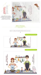 Kitchen wall sticker detail showing PVC material size options and removable glue feature