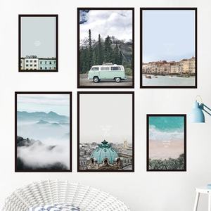 Modern 6-piece wall art set with Nordic travel scenery and minimalist black frames