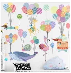 Detail of cute animal wall stickers with hot air balloons in soft pastel colors for nursery