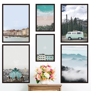 6-piece Nordic minimalist wall art set with beach and mountain landscape photography