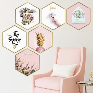 Modern 6-piece pink and gold hexagonal wall stickers featuring tropical birds and flowers