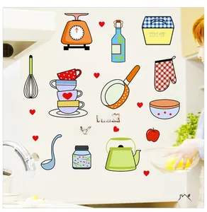Detailed view of kitchen theme cartoon wall stickers with scales and utensils
