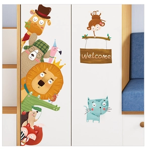 Detail of colorful cartoon giraffe and lion waterproof wall stickers on white furniture