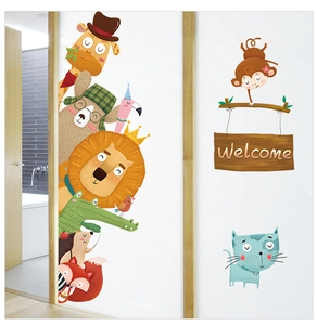 Child-friendly cartoon animals wall stickers featuring giraffe and lion on glass door