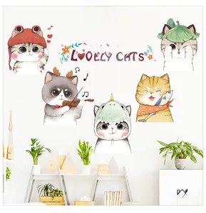 Détail de six chats de dessin animé avec chapeaux et sticker mural Lovely Cats