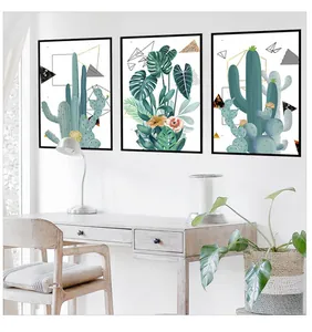 Lot de trois impressions sur toile nordiques modernes avec motifs de cactus et feuilles