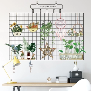 Nordic black metal wall grid organizer with DIY sunflower and home decor stickers