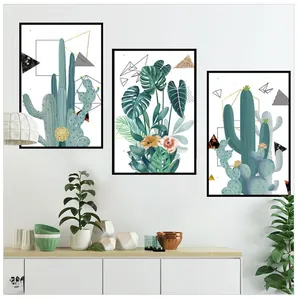 Lot de 3 tableaux muraux modernes avec motifs cactus et feuilles de monstera vertes