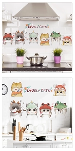 Detail showing colorful cartoon cat kitchen wall stickers with lovely cat characters