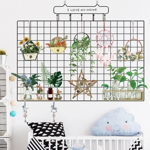 Nordic black metal grid wall organizer with dreamcatchers and mini plant pots for home decor