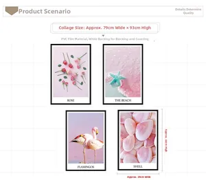 Set of 4 PVC wall stickers featuring pink flamingos and shells with detailed dimensions