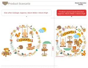 Detail view of forest animal wall stickers with bunny, fox, and size dimensions