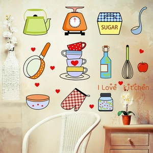 Cartoon kitchen wall stickers set with pots and pans for dining room wall decoration
