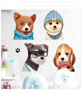 Detailed view of cartoon dog wall stickers on white brick wall for nursery decoration
