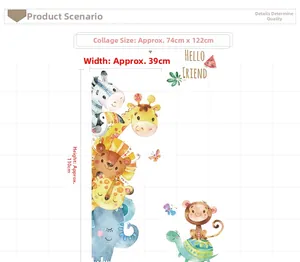 Detail showing cartoon giraffe and animal wall decals with 74cm x 122cm layout dimensions