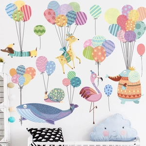 Cute Cartoon Animal Balloon Wall Stickers PVC Nursery Decals For Kids Room Playroom Classroom DIY Self-Adhesive Wall Decor