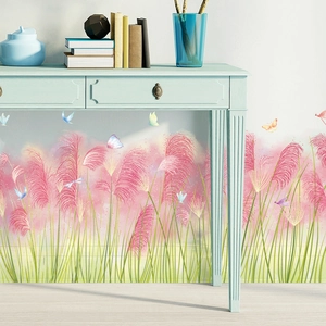 Pink watercolor pampas grass wall stickers with colorful butterflies for bedroom decor