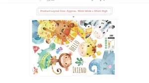 Detailed layout of cartoon animal wall stickers including giraffe and elephant, 90x60cm size