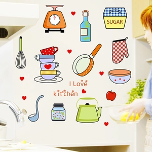 Cartoon kitchen wall stickers featuring scales and utensils on white tile background