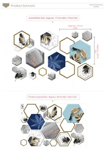 Detailed size guide for hexagonal wall decals showing the 111x70cm layout and 90x60cm dimensions