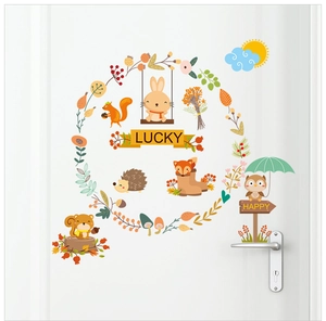 Detailed woodland animal wall sticker with rabbit, fox and owl on a white door