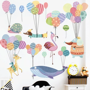 Cartoon animal wall stickers with hot air balloons and colorful decor for kids' bedrooms