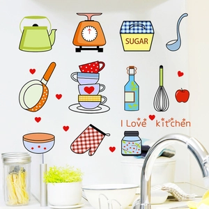 Cartoon kitchen wall stickers set featuring I Love Kitchen text on white tile background