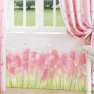 Pink reed flower wall sticker with butterflies for bedroom skirting board decoration
