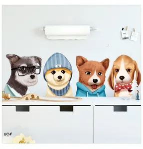 Detail showing four cartoon dog wall stickers including Corgi and Shiba Inu for nursery
