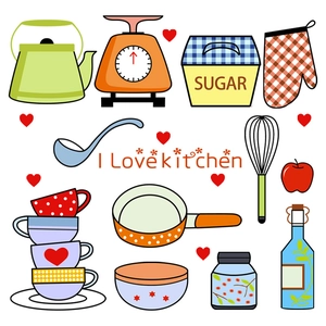 Colorful cartoon kitchen utensil wall decals with kitchen scale and sugar jar stickers
