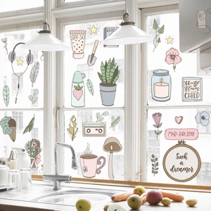 Stickers de fenêtre étanches pour cuisine avec plantes vertes et motifs de style café