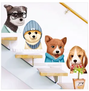 Detail of cute cartoon dog wall stickers showing four diverse dog breeds on a staircase wall