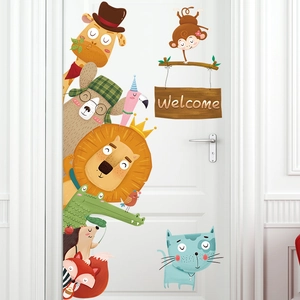 Cute cartoon animal wall stickers with giraffe and lion for nursery door decor