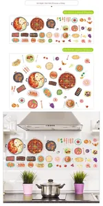 Macro detail of waterproof food-themed PVC wall stickers on white kitchen tiles