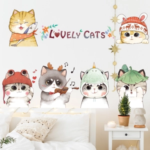 Mignons Stickers Muraux Chat Dessin Animé PVC Amovibles Peints à la Main Aquarelle Animaux pour Chambre d'Enfant Salon Décor