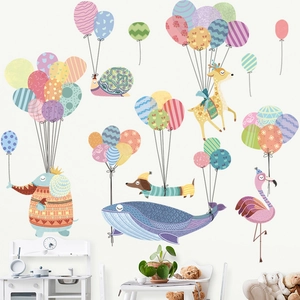 Cartoon animal hot air balloon wall stickers for kids nursery room decor in pastel colors