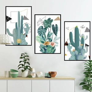 Art mural triptyque minimaliste avec succulentes vertes, cactus et motifs géométriques