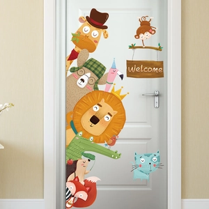 Cartoon animal door stickers with giraffe and lion for kids room and nursery decoration