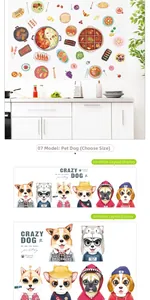Detail view of cartoon dog and food kitchen stickers with 30x90cm layout specs